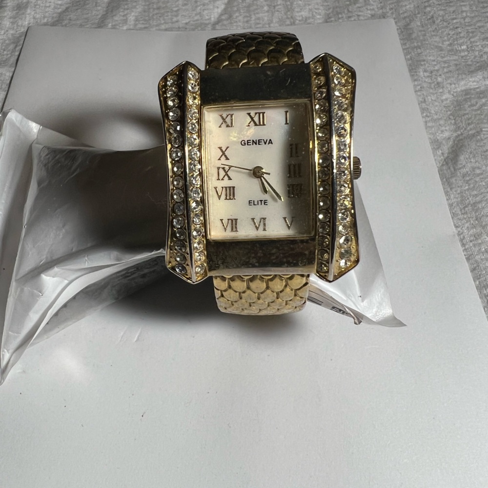 GENEVA Watch Womens Gold Tone Mother of Pearl Dial Cuff Band